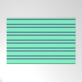 [ Thumbnail: Aquamarine, Forest Green, and Slate Blue Colored Lined Pattern Welcome Mat ]