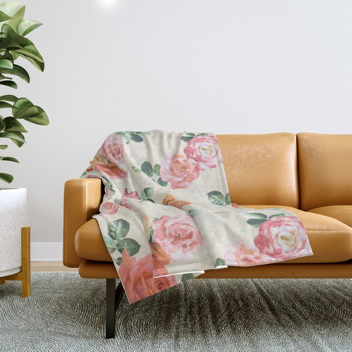 Retro Peach and Pink Roses Throw Blanket