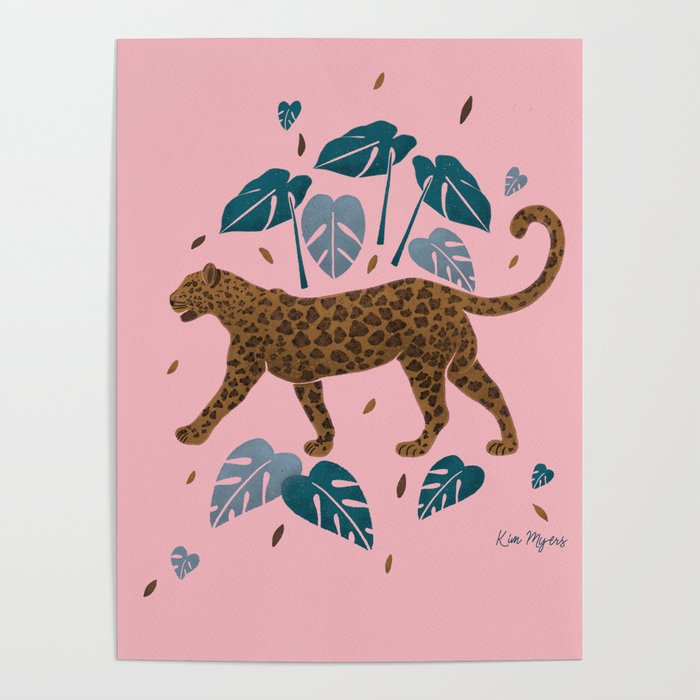 Leopard and jungle leaves  Poster