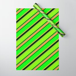 [ Thumbnail: Lime, Coral, Green, and Black Colored Lined Pattern Wrapping Paper ]