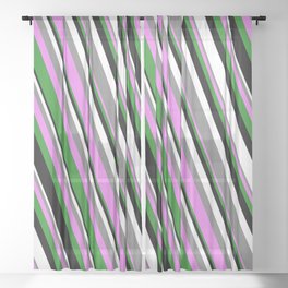[ Thumbnail: Colorful Gray, Violet, Forest Green, Black & White Colored Striped Pattern Sheer Curtain ]