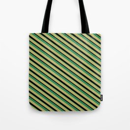 [ Thumbnail: Dark Khaki, Black & Sea Green Colored Lines Pattern Tote Bag ]