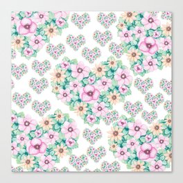 Romantic Pink Turquoise Yellow Valentines Floral Hearts Canvas Print