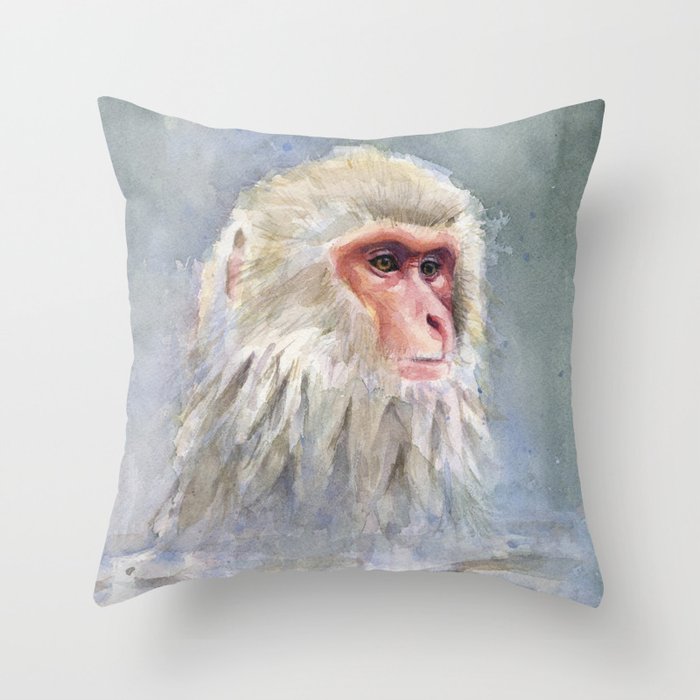 Snow Monkey Watercolor Animal Throw Pillow