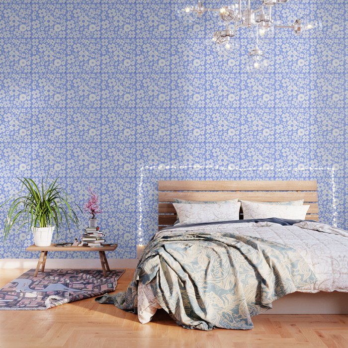 Modern Retro Light Denim Blue and White Daisy Flowers Wallpaper