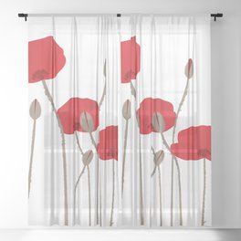 Hand drawn stylized poppies on white background Sheer Curtain