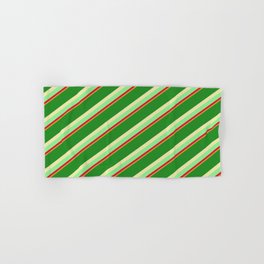 [ Thumbnail: Forest Green, Pale Goldenrod, Light Green, Crimson, and Goldenrod Colored Pattern of Stripes Hand & Bath Towel ]