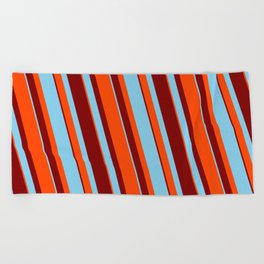 [ Thumbnail: Sky Blue, Red, and Maroon Colored Pattern of Stripes Beach Towel ]
