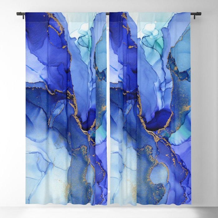 Abstract Iris Blue Floral Ink Blackout Curtain