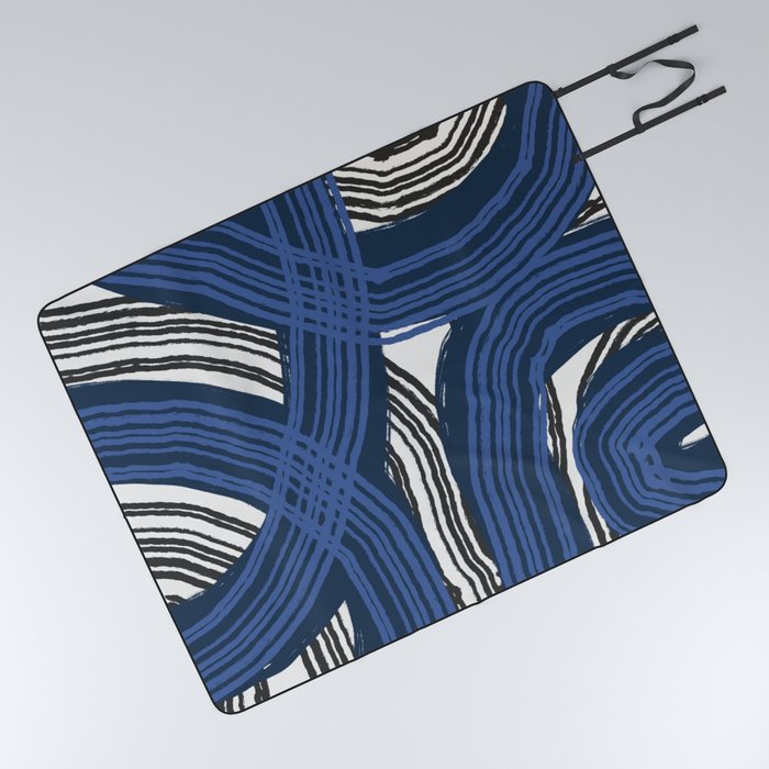 Blue and black wavy stripe pattern Picnic Blanket