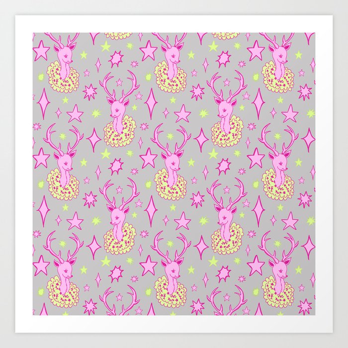Cute Deer with Antlers Pattern with Stars, Pink Green Gray Art Print