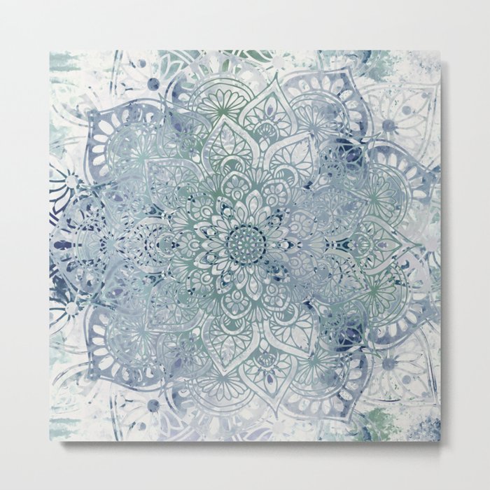 Yoga, Mandala, Green and Blue, Wall Art Boho Metal Print