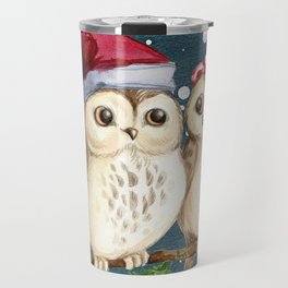 Cute Christmas Winter Owl Couple Painting Travel Mug