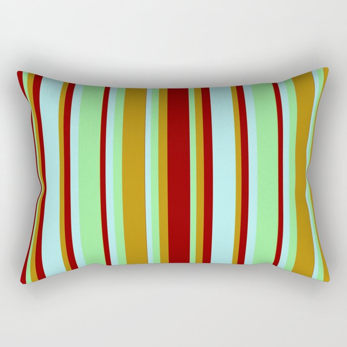 Light Green, Dark Goldenrod, Dark Red, and Turquoise Colored Lines/Stripes Pattern Rectangular Pillow
