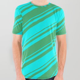[ Thumbnail: Sea Green and Aqua Colored Lined Pattern All Over Graphic Tee ]