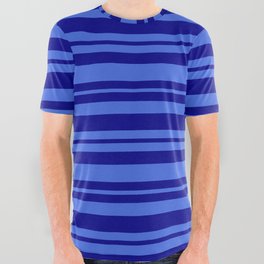 [ Thumbnail: Dark Blue & Royal Blue Colored Stripes Pattern All Over Graphic Tee ]