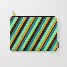 [ Thumbnail: Green, Goldenrod, Black, and Teal Colored Lined/Striped Pattern Carry-All Pouch ]