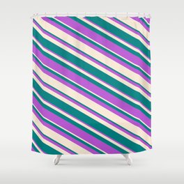 [ Thumbnail: Orchid, Beige & Teal Colored Lines Pattern Shower Curtain ]