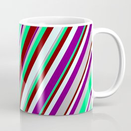 [ Thumbnail: Vibrant Green, Maroon, Light Cyan, Purple, and Grey Colored Lines Pattern Coffee Mug ]
