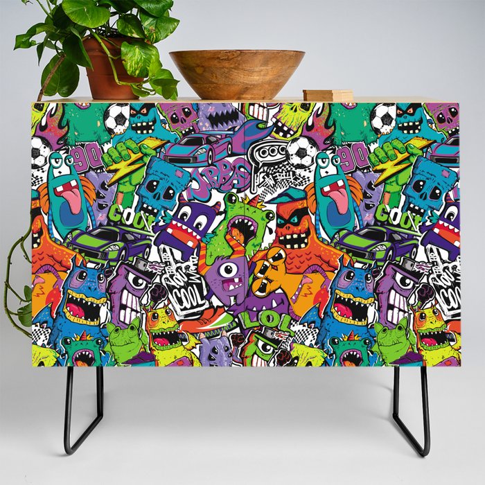 Abstract seamless comics monsters. Cartoon mutant repeated pattern Credenza