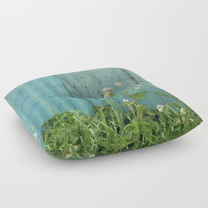 natural wild flowers floral outdoors blue metal fence texture Floor Pillow