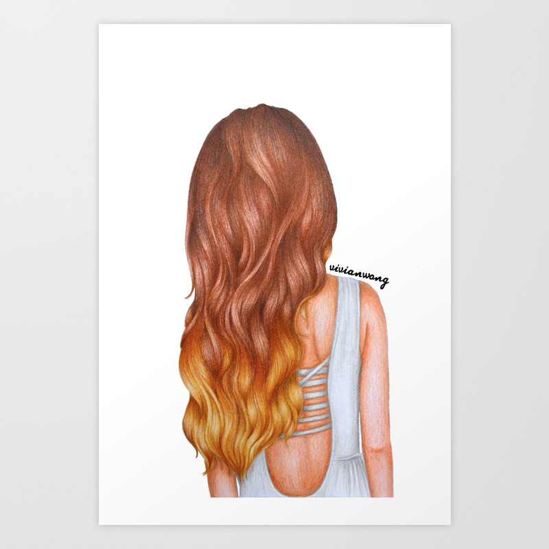 Ombre Auburn Wavy Hairstyle Girl Drawing Art Print by vivianhitsugaya |  Society6