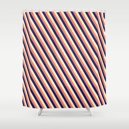 [ Thumbnail: Coral, Midnight Blue & Light Yellow Colored Lined/Striped Pattern Shower Curtain ]