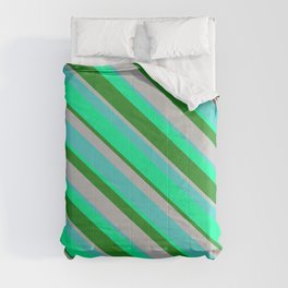 [ Thumbnail: Green, Forest Green, Grey, and Turquoise Colored Lines/Stripes Pattern Comforter ]