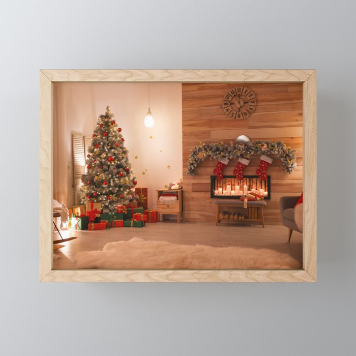 Decorated Living Room With Christmas Tree and Gifts Framed Mini Art Print