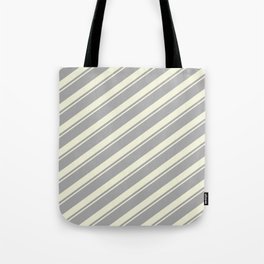 [ Thumbnail: Dark Gray & Beige Colored Striped/Lined Pattern Tote Bag ]