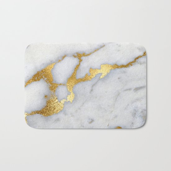 White and Grey Marble and Gold Metal foil Glitter Effect Bath Mat