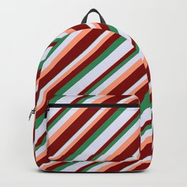 [ Thumbnail: Light Salmon, Maroon, Sea Green & Lavender Colored Lined/Striped Pattern Backpack ]