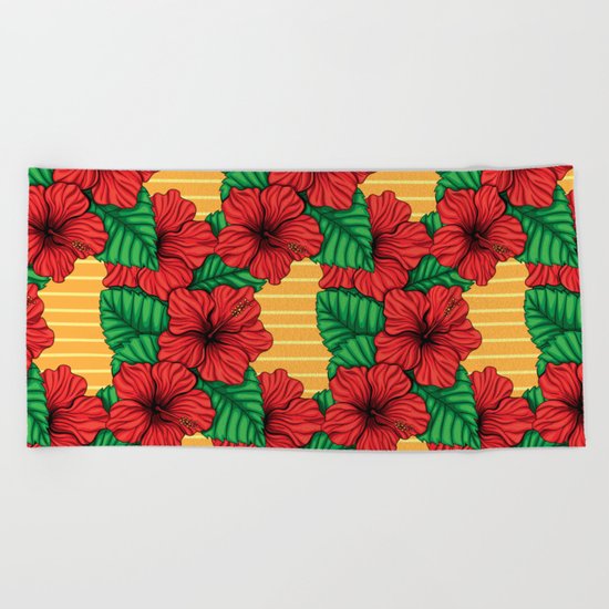 Hibiskcus and leaves, tropical pattern Beach Towel
