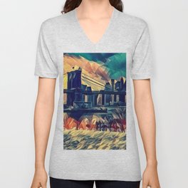 Brooklyn Bridge and Manhattan skyline in New York City V Neck T Shirt
