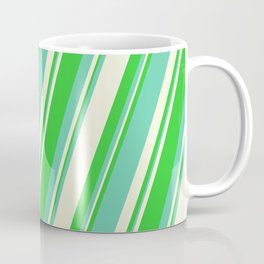 [ Thumbnail: Lime Green, Aquamarine & Beige Colored Stripes/Lines Pattern Coffee Mug ]