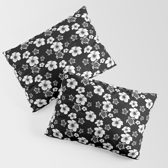 Black And White Floral And Turtle Hawaiian Pattern Pillow Sham