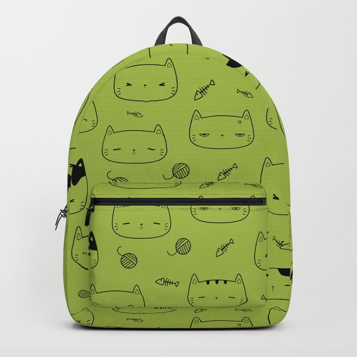Light Green and Black Doodle Kitten Faces Pattern Backpack