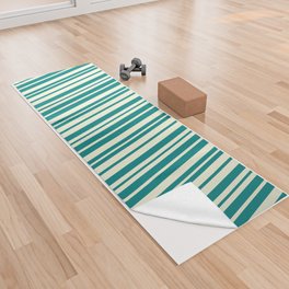 [ Thumbnail: Teal & Beige Colored Lined/Striped Pattern Yoga Towel ]