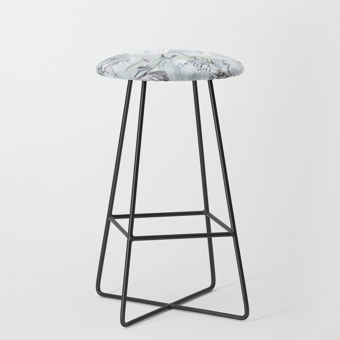 Watercolor Hand Painted Spring Mint Green Black Gray Floral Bar Stool