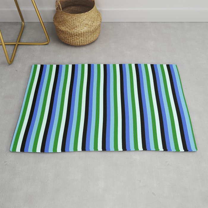 Eyecatching Royal Blue, Sky Blue, Forest Green, Light Cyan, and Black Colored Lines/Stripes Pattern Rug