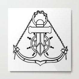 Anchor and Steering Helm [Outline] Metal Print