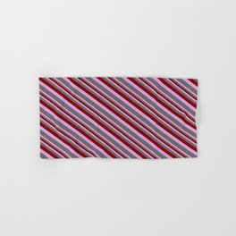 [ Thumbnail: Maroon, Plum & Dim Grey Colored Lined/Striped Pattern Hand & Bath Towel ]