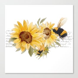 Elegant Honeybee Sunflowers Vintage Letter Design Canvas Print
