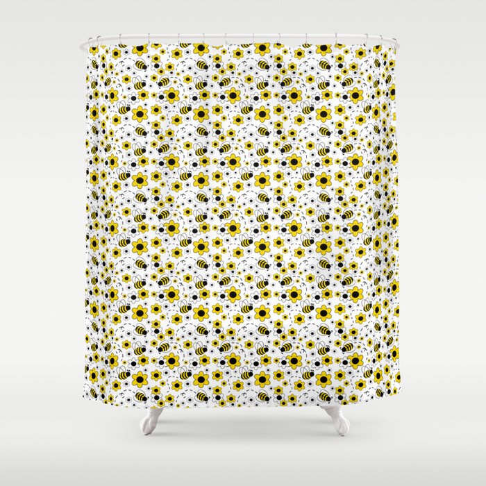 Honey Bumble Bee Yellow Floral Pattern Shower Curtain