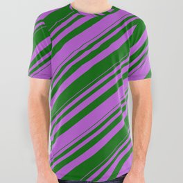 [ Thumbnail: Orchid & Dark Green Colored Striped Pattern All Over Graphic Tee ]