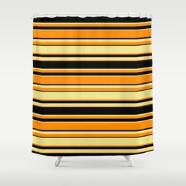 [ Thumbnail: Dark Orange, Black, and Tan Colored Lines Pattern Shower Curtain ]
