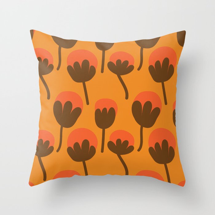 Minimal Hand Drawn Floral Pattern - Red & Brown Throw Pillow