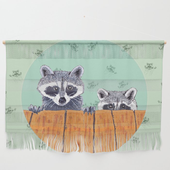 Peeking Raccoons #3 Pastel Green Wall Hanging