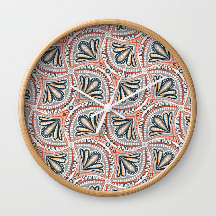 Textured Fan Tessellations in Red, White, Orange and Indigo Wall Clock