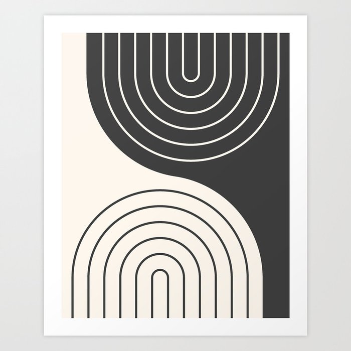 Geometric Lines Rainbow Abstract 2 in Black and Beige Art Print